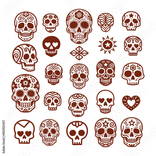 set of ornamental Sugar Skull designs in a vintage, mono-line style, featuring various floral and geometric decorations