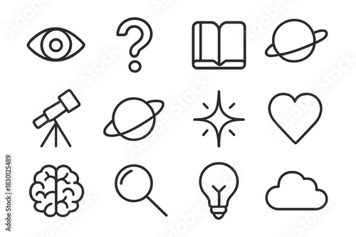 Curious Symbol Grid. Wonder and curiosity. Line icon set of wonder and curiosity: eye, question mark, star, book, telescope, planet, spark, heart, brain,