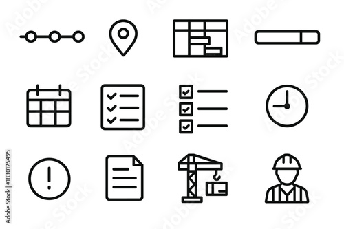 Project Management Icons. Project tracking interface. Line icon set of Project tracking interface: timeline, milestone marker, Gantt chart, progress bar,
