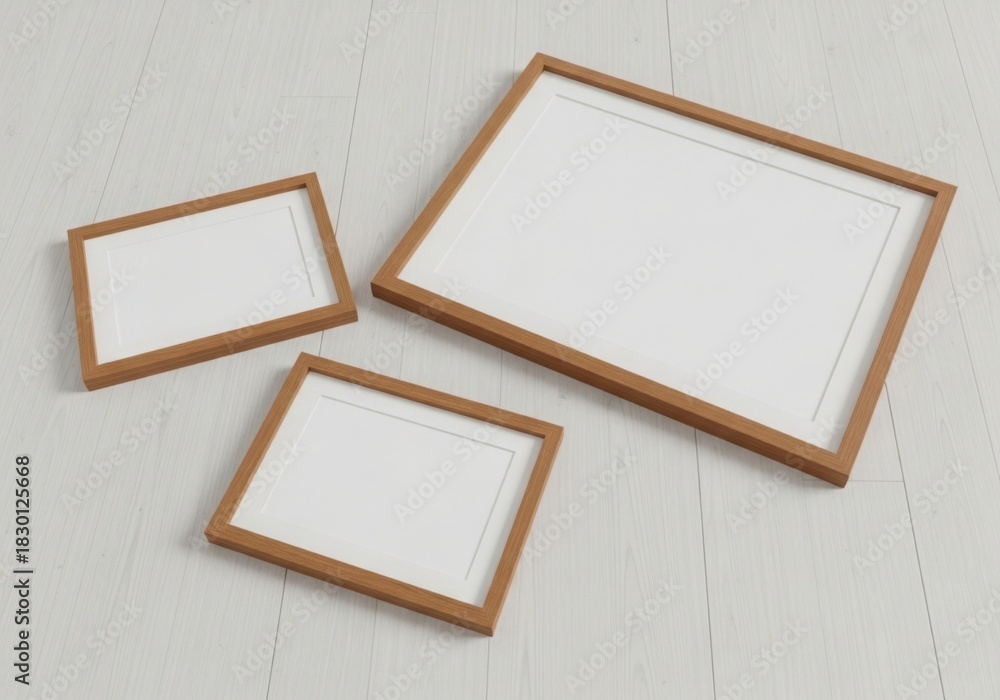 Fototapeta premium Three empty wooden picture frames on a clean light wood floor