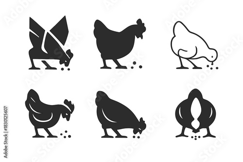 Farming Animals Logos. farming animals in action. Icon set. Set Logo of farming animals in action: chickens pecking feed. harmonious logo variations of the