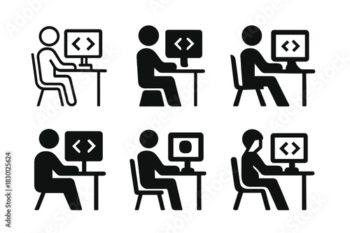 Developer Logo Variations. developer coding in a collaborative workspace. Icon set. Set Logo of developer coding in a collaborative workspace: person at desk
