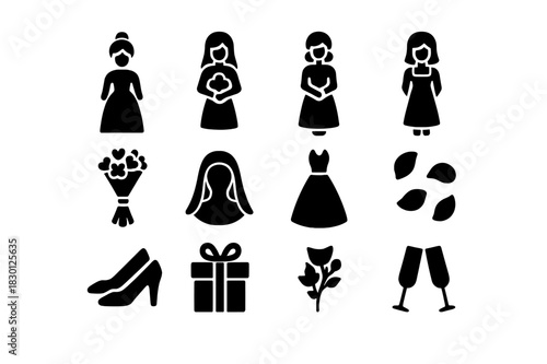 Bridal Moment Icons. Bridal moment. Solid icon set of Bridal moment: bride, bridesmaid , bridesmaid , bridesmaid , bridesmaid , bouquet, veil, wedding dress,