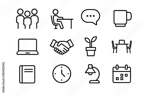 Coworking Icon Set. Coworking community. Line icon set of coworking community: people, desk, chat bubble, coffee mug, laptop, handshake, plant, meeting table,