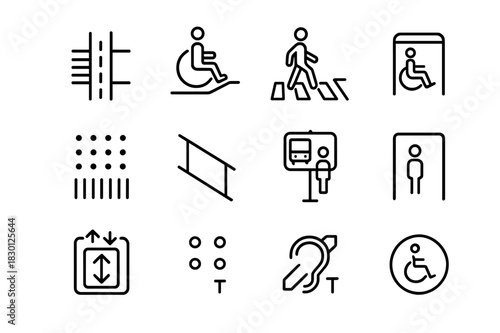 Accessible Pathways Icons Set. Accessible pathways. Line icon set of Accessible pathways: guidance path, sidewalk curb cut, pedestrian crossing, wheelchair