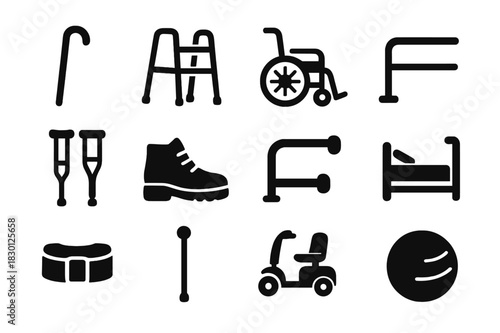 Elderly Care Icons. Elderly care. Solid icon set of Elderly care: walking cane, walker, wheelchair, handrail, crutches, orthopedic shoe, grab bar, hospital