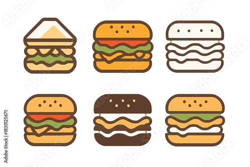 Artistic Sandwich Logos. sandwich with toppings. Icon set. Set Logo of sandwich with toppings: sub sandwich with layered fillings. harmonious logo variations