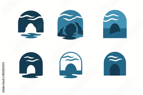 Underwater Caves Icon Set. underwater caves. Icon set. Set Logo of underwater caves: hidden entry point. harmonious logo variations of the same emblematic