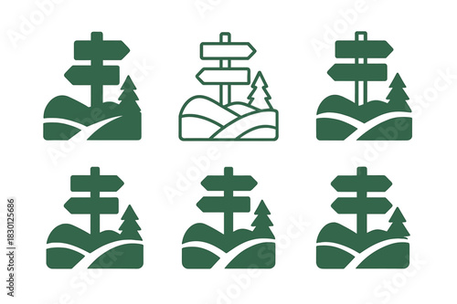 National Park Icons. visiting national parks and protected areas. Icon set. Set Logo of visiting national parks and protected areas: trail signpost in natural