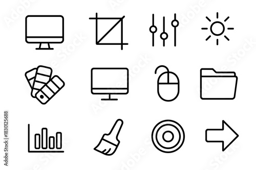 Photo Editing Icons. Photo editing. Line icon set of photo editing: computer, crop tool, sliders, brightness icon, color palette, monitor, mouse, folder,