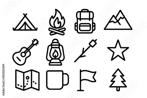 Camping Icon Set. Camping and outdoor adventure celebrations. Line icon set of camping and outdoor adventure celebrations: tent, campfire, backpack, mountain,
