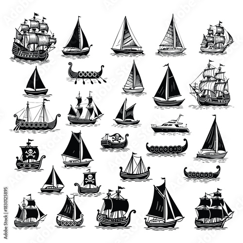 set of illustrations featuring various sailing ships, boats, and vessels, vector template