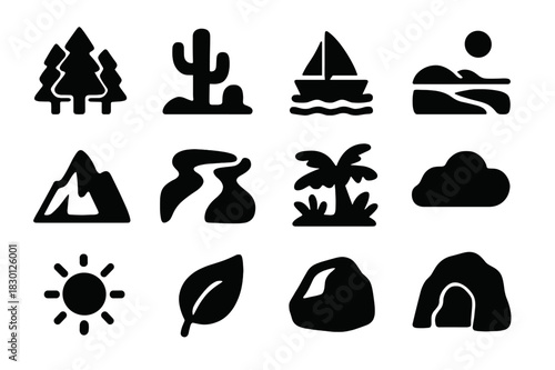 Nature Icons Grid. Natural environments. Solid icon set of natural environments: forest, desert, ocean, tundra, mountain, river, jungle, cloud, sun, leaf,