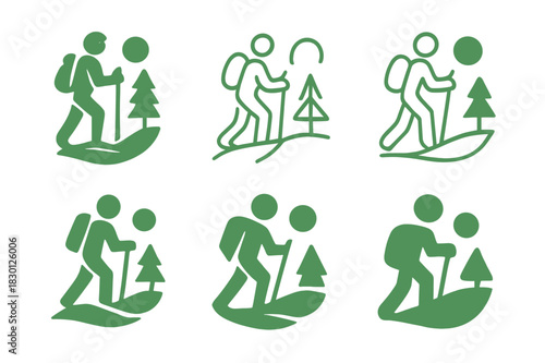 Nature Emblem Logos. Person in nature. Icon set. Set Logo of person in nature: hiker with backpack on a trail. harmonious logo variations of the same