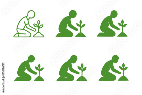 Nature Habits Icon Set. Nature-friendly habits. Icon set. Set Logo of nature habits: person planting a tree. harmonious logo variations of the same emblematic