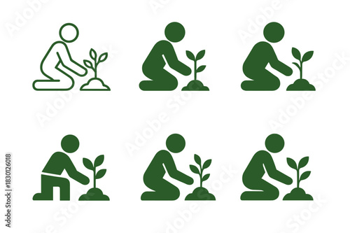 Nature Habits Icon Set. Nature-friendly habits. Icon set. Set Logo of nature habits: person planting a tree. harmonious logo variations of the same emblematic
