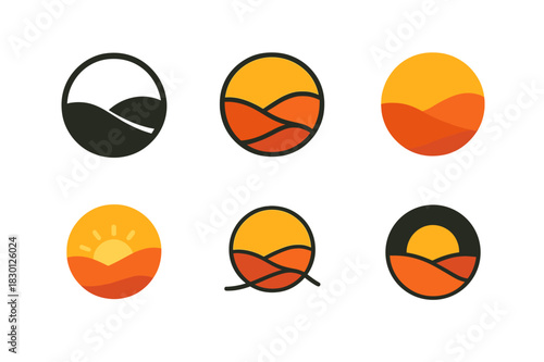 Nature Logo Variations. Nature relaxation. Icon set. Set Logo of nature relaxation: Sunset over hills. harmonious logo variations of the same emblematic