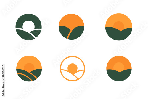 Nature Logo Variations. Nature relaxation. Icon set. Set Logo of nature relaxation: Sunset over hills. harmonious logo variations of the same emblematic