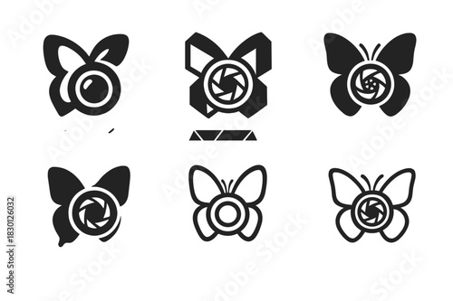 Nature Icon Photography. May photoshoot in nature. Icon set. Set Logo of nature photoshoot: camera lens and butterfly. harmonious logo variations of the same