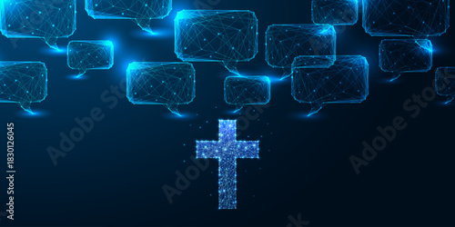 Faith and technology convergence with digital cross and speech bubble communication vector
