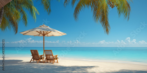 Fototapeta Naklejka Na Ścianę i Meble -  Tropical Beach with Palm Trees, Lounge Chairs, and Umbrella