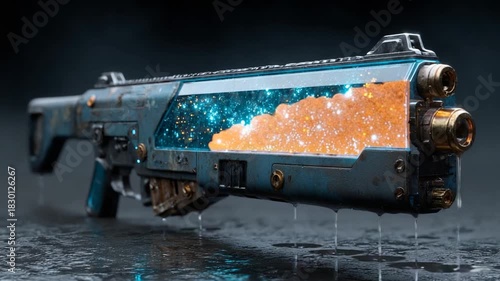 Futuristic weapon with cosmic design in dark setting