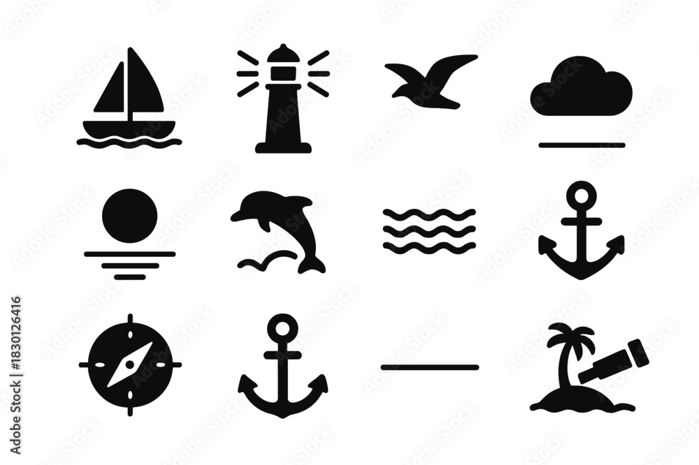 Obraz premium Ocean Horizon Icons. Ocean Horizon. Solid icon set of Ocean Horizon: sailboat, lighthouse, seagull, sun reflection, dolphin, waves, cloud, compass, anchor,