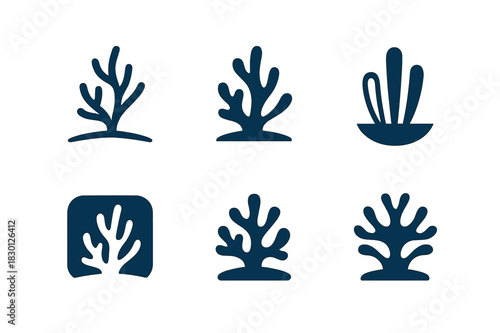 Ocean Floor Logos. Ocean floor. Icon set. Set Logo of Ocean floor: Coral reef. harmonious logo variations of the same emblematic concept (Minimal outline,