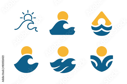Ocean Logo Variations. Oceans and seas. Icon set. Set Logo of oceans and seas: rolling ocean waves under the sun. harmonious logo variations of the same