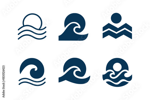 Ocean Logo Variations. Oceans and seas. Icon set. Set Logo of oceans and seas: rolling ocean waves under the sun. harmonious logo variations of the same