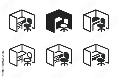 Office Cubicle Icons. Office cubicle. Icon set. Set Logo of office cubicle: modern open-plan divider. harmonious logo variations of the same emblematic