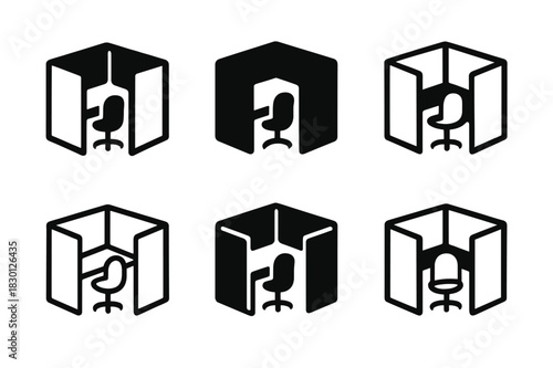 Office Cubicle Icons. Office cubicle. Icon set. Set Logo of office cubicle: modern open-plan divider. harmonious logo variations of the same emblematic