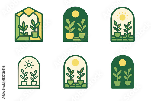 Open Atrium Logos. Open Atrium. Icon set. Set Logo of Open Atrium: courtyard with plants and light. harmonious logo variations of the same emblematic concept,