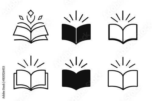 Open Book Logos. Open book. Icon set. Set Logo of open book: Book and knowledge glow. harmonious logo variations of the same emblematic concept, each with