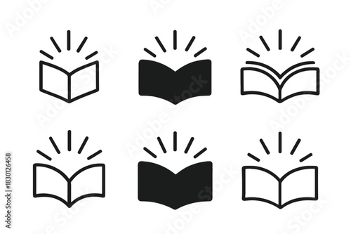 Open Book Logos. Open book. Icon set. Set Logo of open book: Book and knowledge glow. harmonious logo variations of the same emblematic concept, each with
