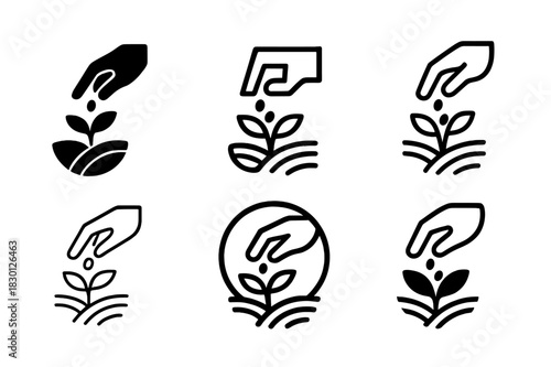 Organic Farming Icons. Organic farming without high-tech interventions. Icon set. Set Logo of organic farming without high-tech interventions: hand planting