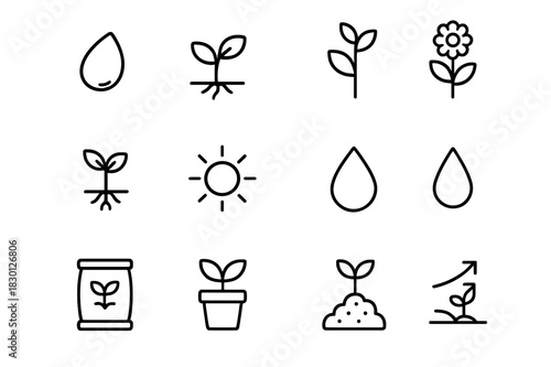 Plant Growth Icons. Plant Growth. Line icon set of Plant Growth: seed, sprout, roots, stem, leaves, flower, sunlight, water drop, soil, fertilizer bag, pot,