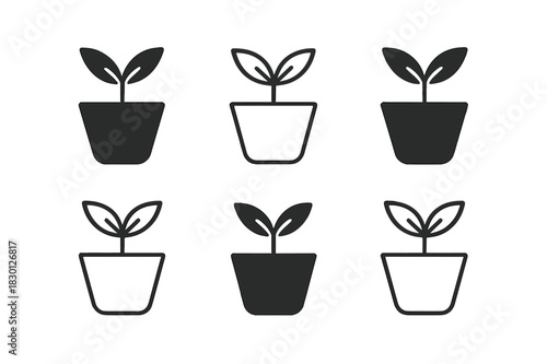 Plant Pot Icon Set. Plant pot. Icon set. Set Logo of plant pot: ceramic planter. harmonious logo variations of the same emblematic concept (Flat solid,