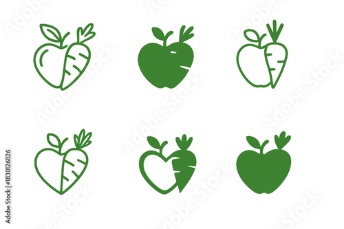 Plant-Based Diet Logos. Plant-Based Diet. Icon set. Set Logo of Plant-Based Diet: fruit and vegetable harmony. harmonious logo variations of the same
