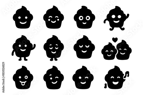 Playful Cupcake Icons. Cupcake characters. Solid icon set of Cupcake characters: smiling cupcake, blushing cupcake, cupcake with eyes, dancing cupcake, waving
