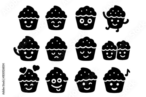 Playful Cupcake Icons. Cupcake characters. Solid icon set of Cupcake characters: smiling cupcake, blushing cupcake, cupcake with eyes, dancing cupcake, waving
