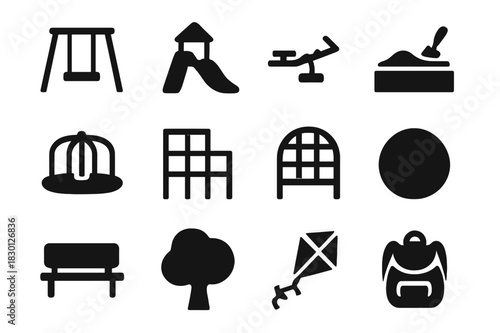 Playground Icons Collection. Children Fun. Solid icon set of swing, slide, seesaw, sandbox, merry-go-round, jungle gym, climbing frame, ball, bench, tree,