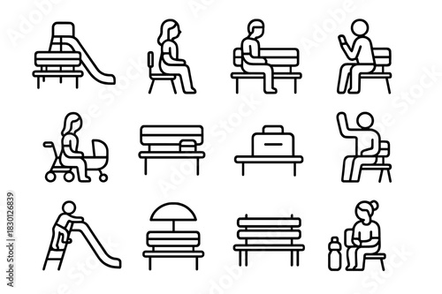 Playground Seating Icons. Playground seating. Line icon set of playground seating: bench near slide, mom watching, dad on phone, stroller nearby, lunchbox on