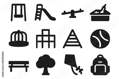 Playground Icons Collection. Children Fun. Solid icon set of swing, slide, seesaw, sandbox, merry-go-round, jungle gym, climbing frame, ball, bench, tree,