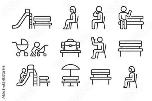 Playground Seating Icons. Playground seating. Line icon set of playground seating: bench near slide, mom watching, dad on phone, stroller nearby, lunchbox on