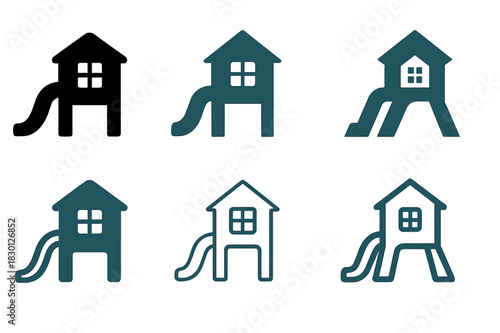 Playhouse Logo Variations. Outdoor playhouse. Icon set. Set Logo of outdoor playhouse: slide and playhouse combo. harmonious logo variations of the same