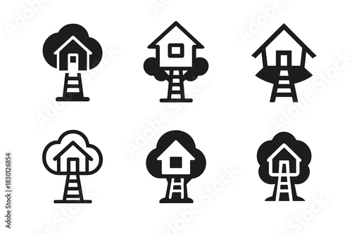 Playhouse Logo Variations. Outdoor playhouse. Icon set. Set Logo of outdoor playhouse: treehouse with ladder. harmonious logo variations of the same emblematic