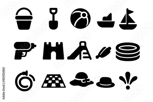Playtime Icon Set. Playtime essentials. Solid icon set of Playtime essentials: bucket, shovel, ball, toy boat, water gun, sandcastle mold, slide, inflatable
