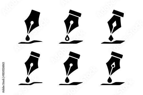 Poetic Pen Logos. Poetic expression. Icon set. Set Logo of poetic expression: fountain pen nib forming a droplet on paper. harmonious logo variations of the
