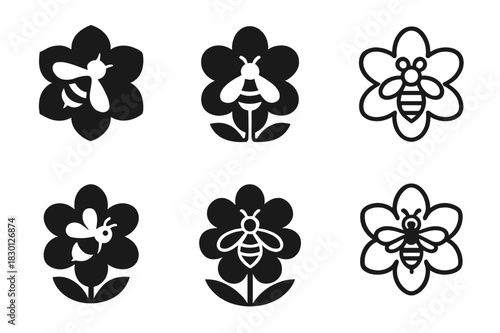 Pollinator Protection Logos. Protecting pollinators. Icon set. Set Logo of protecting pollinators: Flower with bee. harmonious logo variations of the same